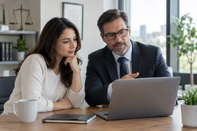 A prospective client reviews information on a laptop with a professional adviser in a bright, modern office.