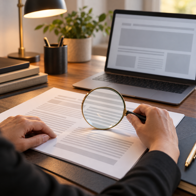 Magnifying glass over a draft website page during a content quality review