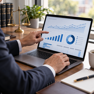 Attorney reviews law firm Google Ads performance charts on a laptop