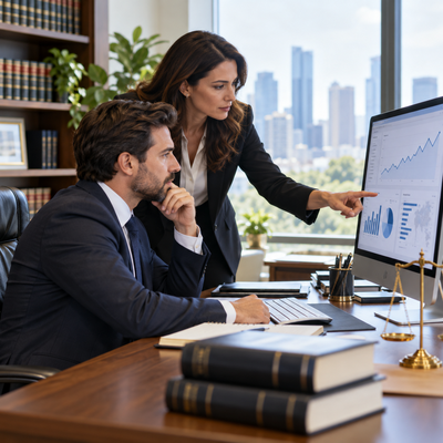 Law firm professionals review website and search performance data together in a bright professional office.